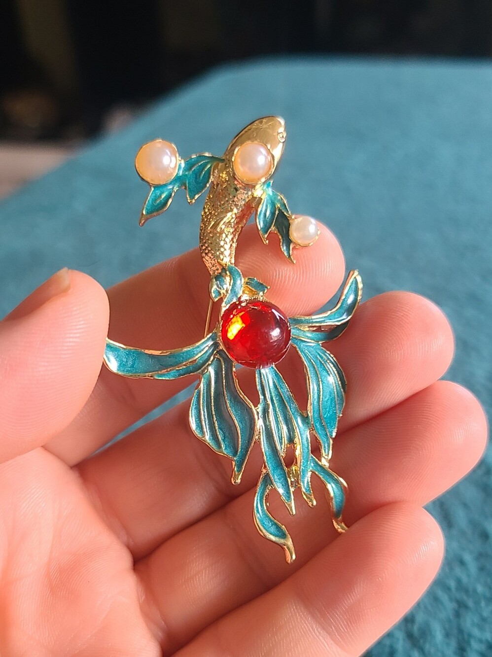 Vintage Gold-tone Teal Enamel Koi Brooch with Red Cabochon and Pearl Accents